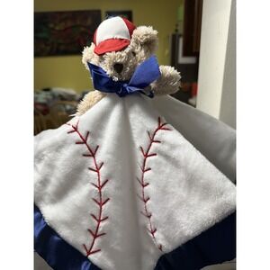 Baseball Teddy Brown Bear lovey Navy Satin Trim Dan Dee rattle Large 17"